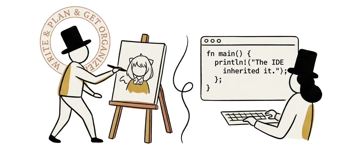 Figure walking from sketchbook to IDE