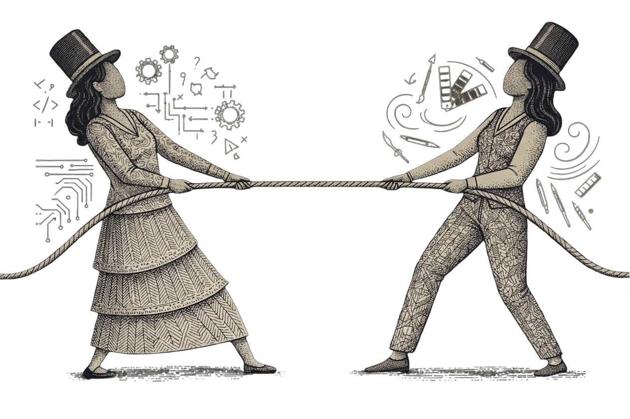 Victorian etching: two figures pulling a rope between code and design worlds